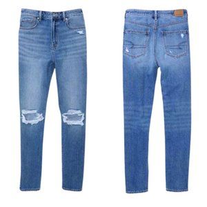 AE Ripped Mom Jean Soft Knit Drawstring Distressed Denim SZ 4 Long